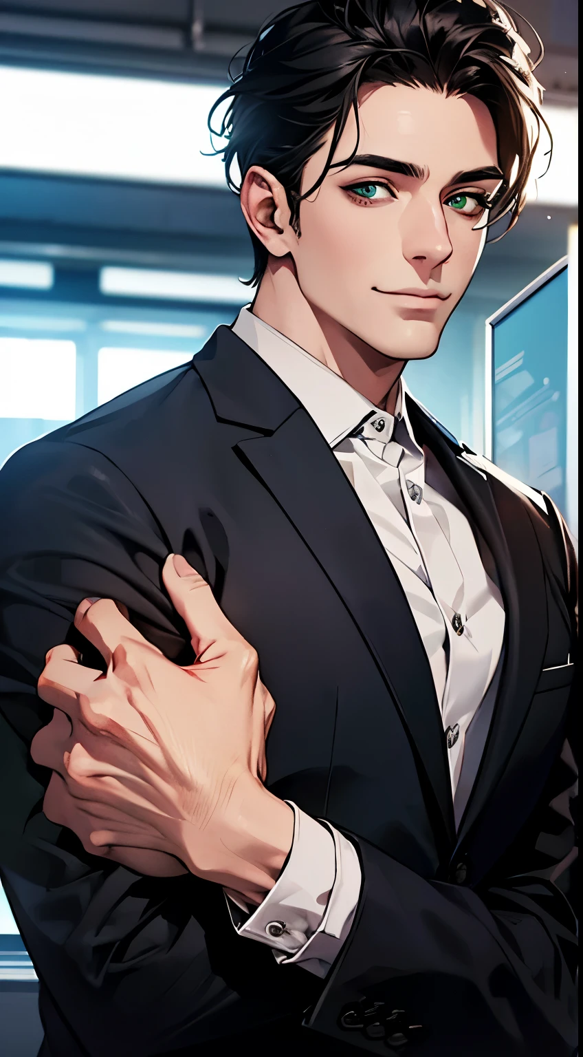 (best quality,4k,8k,highres,masterpiece:1.2),ultra-detailed,(realistic,photorealistic,photo-realistic:1.37),1 man,31 years old,mature man,very handsome,without expression,smile,short grey black hair,green eyes,penetrating gaze,perfect face without errors,imposing posture,businessman,office background,cinematic lighting,hdr image