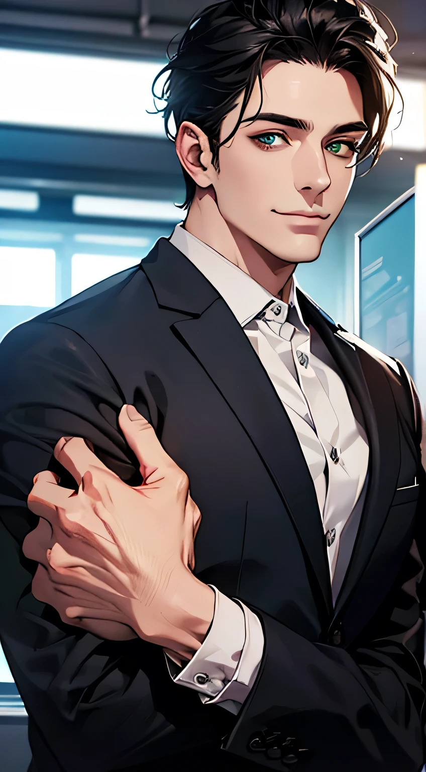 (best quality,4k,8k,highres,masterpiece:1.2),ultra-detailed,(realistic,photorealistic,photo-realistic:1.37),1 man,31 years old,mature man,very handsome,without expression,smile,short grey black hair,green eyes,penetrating gaze,perfect face without errors,imposing posture,businessman,office background,cinematic lighting,hdr image