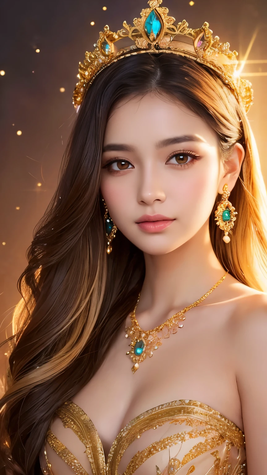 highest quality, 32k, RAW Photos, Incredibly absurd, Very detailed, Delicate texture, Beautiful woman bust up, Colorful light particles exploding in the mist, Fantastic and mysterious