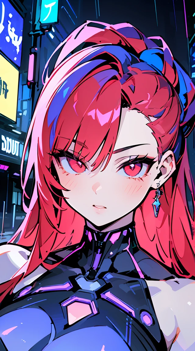 (best quality,4k,8k,highres,masterpiece:1.2), ultra-detailed, (realistic,photorealistic,photo-realistic:1.37), portraits, bright eyes, hollow eyes, red eyes, gorgeous woman, cyberpunk background, futuristic, neon lights, smoky atmosphere, reflective surfaces, glowing tattoos, metallic elements, extravagant hairstyle, provocative fashion, seductive gaze, vibrant colors, dynamic pose, cityscape, urban chaos, technologically advanced, augmented reality, holographic projections, dystopian ambiance, skyscrapers, flying vehicles, rain-soaked streets, dark alleyways, bustling crowds, energetic and vibrant, mysterious aura, naked chest, topless, gigantic tits, naked , neon red hair