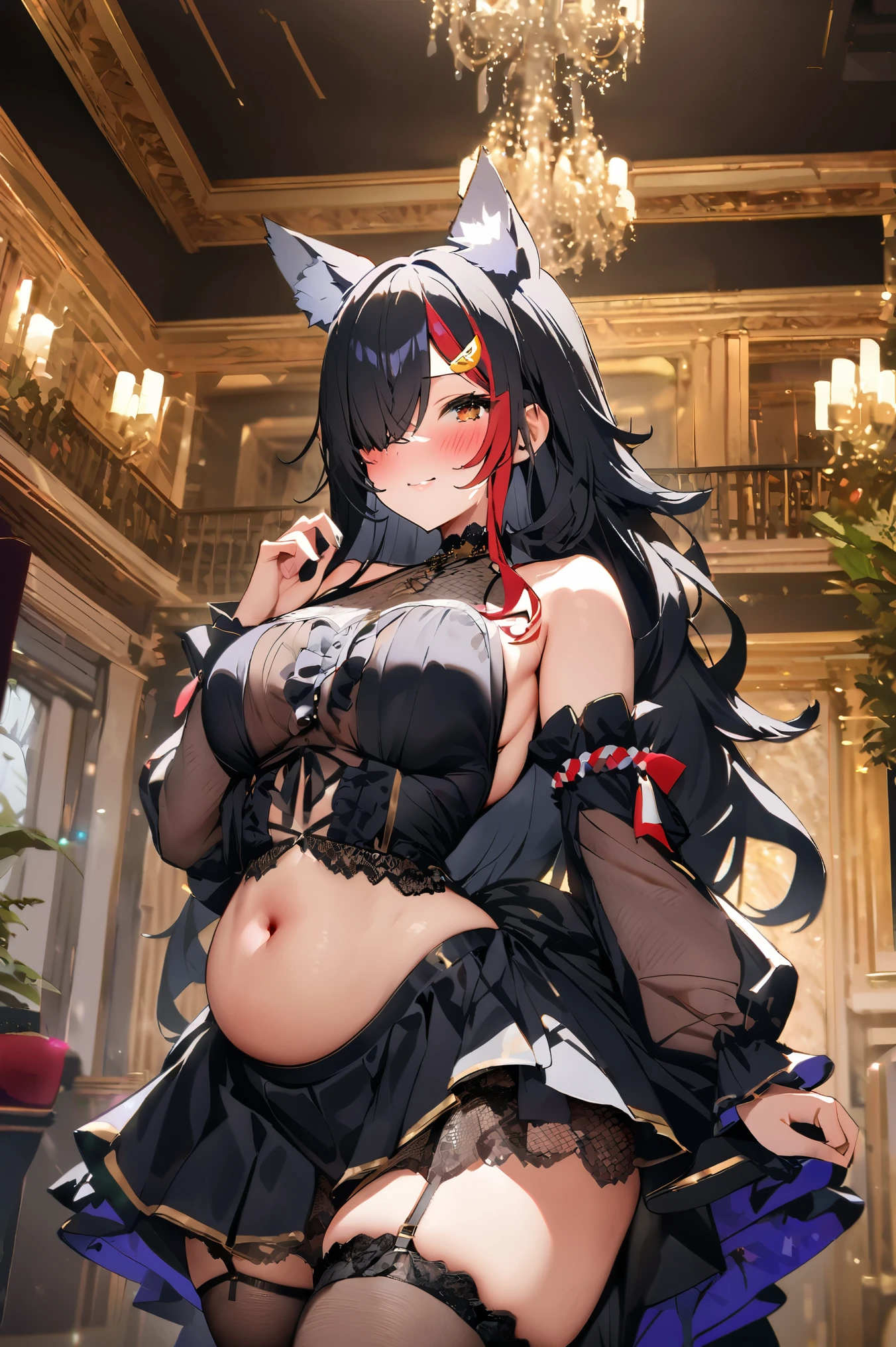 NSFW,masterpiece,Best Quality, high resolution on down, very detailed,Ogami Mio \( ho****ve \), long hair,Black Hair, Twin Tails,Hair over one eye,Wolf Ears,Mesh dress, sleeveless, detachable sleeves , frill skirt, Garter Straps ,heel,Belly button,blush,Luxurious mansion, chandelier, party venue,