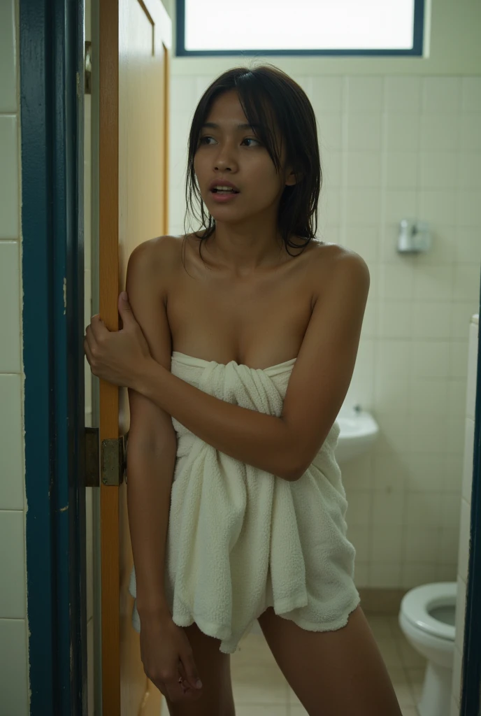 Realistic Photo Indonesia teenage girl From the school bathroom Showering Wear a Bath Towel is wet from the shower water Closing the door of the School bathroom Ashamed Very embarrassed 