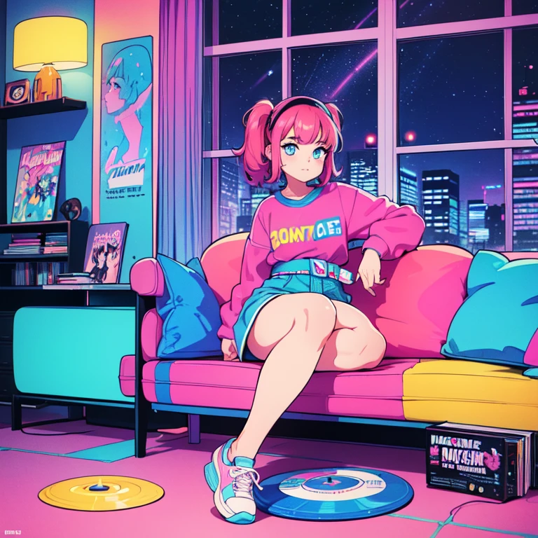 (masterpiece), Highest quality, Expressive eyes, Neon pastel aesthetics, Retro 90s, Neon color,((Girl sitting on sofa,In a cozy room,Records hanging on her wall, Comic books on the floor, Looking out the window behind her at the night city, Upholstered room, Anime figures lined up on a shelf)), Wearing headphones, (All around her it sparkles), (wearing thick colorful sneakers), (blue eyes), (Soft look), (Synthwave Art Style), Colorful Hair, Desk with PC set up