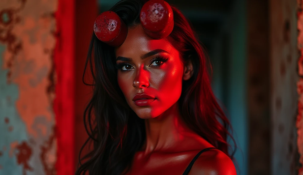 Beautiful 25 year old women with medium breasts in a black dress with red horns and an angery face and purple skin