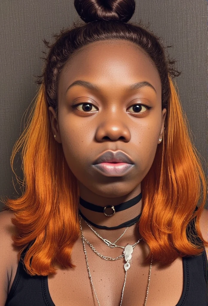 Destini, dark black woman, Dr4wn0n, mixed media, cel shading clothing, silk pressed hair, brown and orange ombré hair 