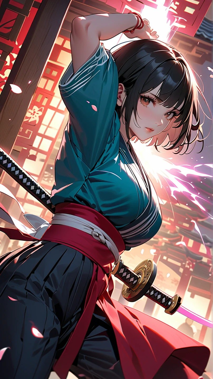 (4k, 8k, masterpiece:1.2), ultra high-res, (extremely detailed:1.3), dynamic pose, perfect anatomy, (intricate line work:1.3), sharp focus, (digital painting), (vivid colors:1.3), (masterful lighting:1.3), expressive, captivating eyes, Japanese warrior woman, traditional samurai-inspired attire, cerulean yukata with billowing sleeves, (dark, messy short hair), (black hair), intense gaze, dark brown eyes, (pale skin), large breast, athletic, hourglass physique, (loose-fitting hakama-style pants), dynamic movement, katana in hand with glowing energy, combat boots with red laces, (cinematic lighting), (dramatic atmosphere), shrine maiden with a tomboy edge, poised for battle, shrine setting with Japanese architecture in the background, cherry blossoms subtly falling in the wind, cinematic depth of field, glowing aura around the katana, (soft bokeh of traditional Japan), atmospheric, moody, stylized realism, (Marvel Cinematic Universe style), detailed armor accessories, (inspired by Atey Ghailan, Jeremy Mann, and Greg Rutkowski