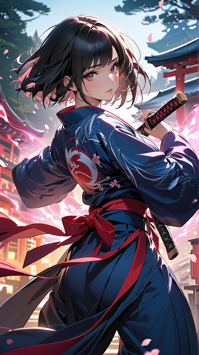 (4k, 8k, masterpiece:1.2), ultra high-res, (extremely detailed:1.3), dynamic pose, perfect anatomy, (intricate line work:1.3), sharp focus, (digital painting), (vivid colors:1.3), (masterful lighting:1.3), expressive, captivating eyes, Japanese warrior woman, traditional samurai-inspired attire, cerulean yukata with billowing sleeves, (dark, messy short hair), (black hair), intense gaze, dark brown eyes, (pale skin), large breast, athletic, hourglass physique, (loose-fitting hakama-style pants), dynamic movement, katana in hand with glowing energy, combat boots with red laces, (cinematic lighting), (dramatic atmosphere), shrine maiden with a tomboy edge, poised for battle, shrine setting with Japanese architecture in the background, cherry blossoms subtly falling in the wind, cinematic depth of field, glowing aura around the katana, (soft bokeh of traditional Japan), atmospheric, moody, stylized realism, (Marvel Cinematic Universe style), detailed armor accessories, (inspired by Atey Ghailan, Jeremy Mann, and Greg Rutkowski