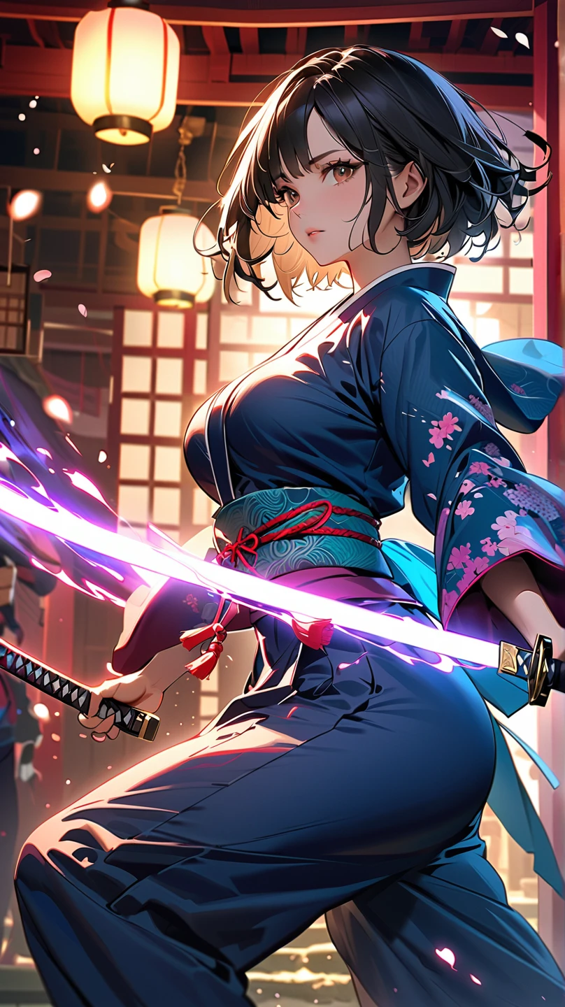 (4k, 8k, masterpiece:1.2), ultra high-res, (extremely detailed:1.3), dynamic pose, perfect anatomy, (intricate line work:1.3), sharp focus, (digital painting), (vivid colors:1.3), (masterful lighting:1.3), expressive, captivating eyes, Japanese warrior woman, traditional samurai-inspired attire, cerulean yukata with billowing sleeves, (dark, messy short hair), (black hair), intense gaze, dark brown eyes, (pale skin), large breast, athletic, hourglass physique, (loose-fitting hakama-style pants), dynamic movement, katana in hand with glowing energy, combat boots with red laces, (cinematic lighting), (dramatic atmosphere), shrine maiden with a tomboy edge, poised for battle, shrine setting with Japanese architecture in the background, cherry blossoms subtly falling in the wind, cinematic depth of field, glowing aura around the katana, (soft bokeh of traditional Japan), atmospheric, moody, stylized realism, (Marvel Cinematic Universe style), detailed armor accessories, (inspired by Atey Ghailan, Jeremy Mann, and Greg Rutkowski