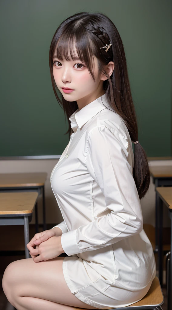 4D, (8K, highest quality, masterpiece: 1.3), (realistic, photorealistic: 1.4), ultra high definition, (1 girl, japanese female, sagging breasts, high-definition cute face, Kneeling: 1.2, face forward, middy uniform, white shirt), professional lighting, high-definition fingers, high-definition eyes, high-definition teeth, angle from the side, classroom, photographed by Canan EOS R6, 135mm, 1/1250s, f/2.8, ISO 400