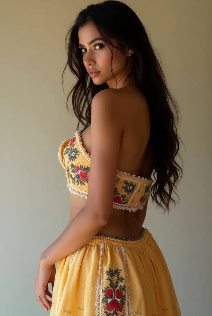 An Indian dusky girl, age of 24, photo for Instagram story, wearing a 3 piece coord set - resort wear, camera look, sunny outdoors, girl posing on the beach, looking hot mess, Meera Nayak, extra brown, brown girl, dusky girl, extra brown, ultra realistic