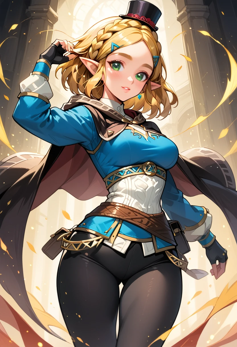 (extremely fine and beautiful:1.1), (perfect details:1.1), (finely detailed eyes and detailed face:1.3), ZeldaSDXL, Princess Zelda, narrow hips, medium breasts, slender thighs, small ears, pointy ears, braid, hair ornament, hairclip, gloves, black gloves, fingerless gloves, blue shirt, shirt, long sleeves, crown braid, bangs, green eyes, parted bangs, pants, black pants, blonde hair, short hair, long hair, cape, sidelocks, hood, thick eyebrows, jewelry, hooded cape, belt, tight pants, tight, puffy sleeves, ( lost path), black Mary Jane tap heels, with white socks, while tap dancing on stage, black top hat on her head, black cane to tap dance with