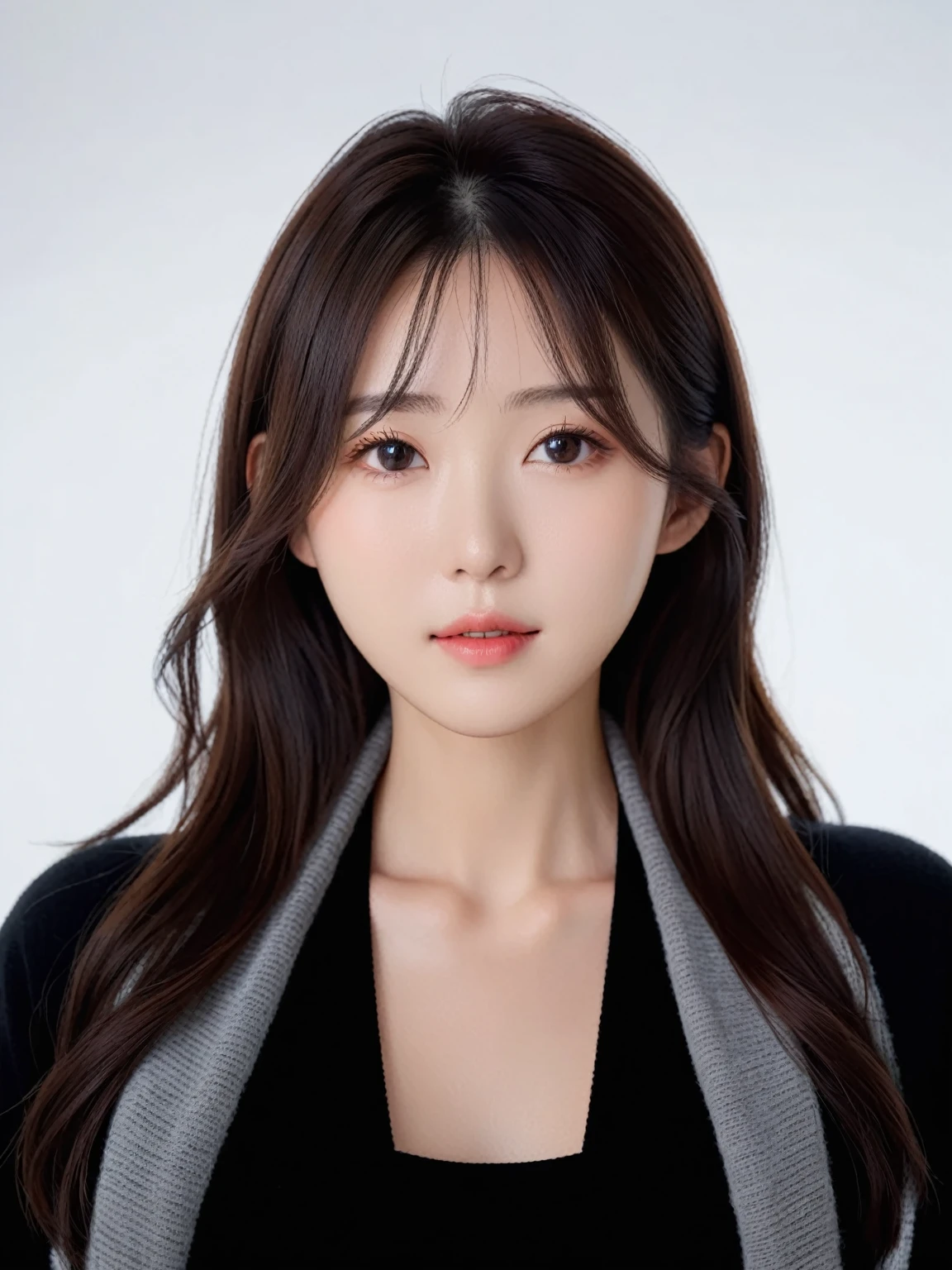 realistic photos of 1 cute Korean star, hair behind ear, white skin, thin makeup, 32 inch breasts size, wearing black office suit, at the office door, close-up portrait, UHD