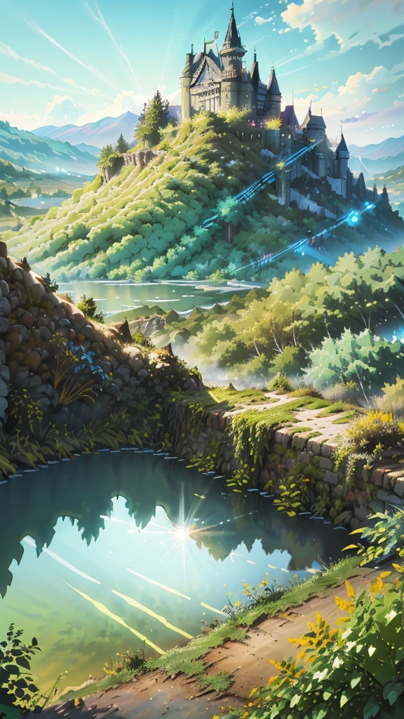 artstation style illustration, dark fantasy landscape, flower petals, lake, hedge in background, reflections, ruins, best quality, masterpiece, lens flare , high contrast, saturated colors, Style-Glorious， A majestic view of a fairytale castle, surrounded by lush green fields and a bright blue sky --v 6