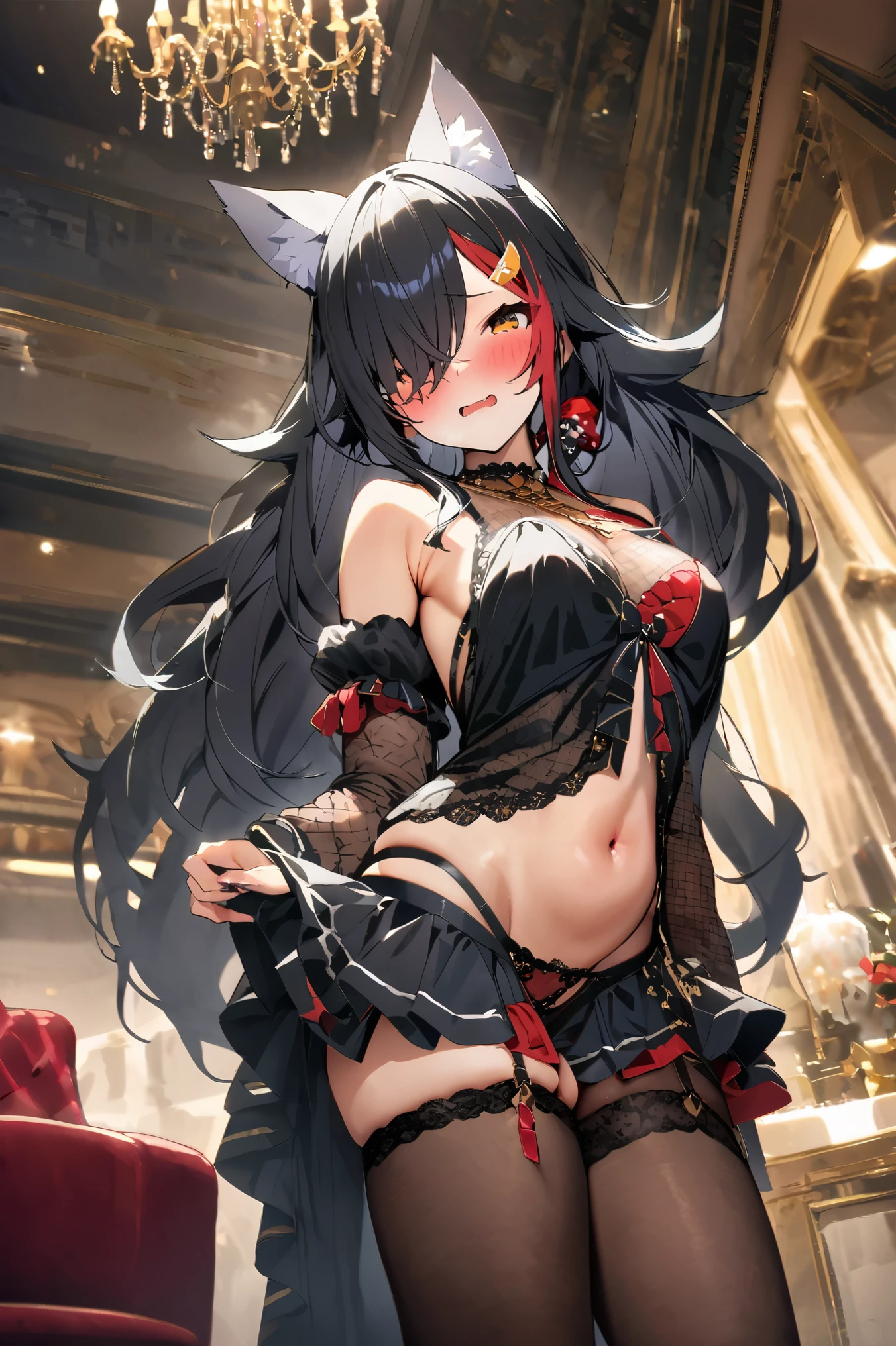 NSFW,masterpiece,Best Quality, high resolution on down, very detailed,Ogami Mio \( hololive \), long hair,Black Hair, Twin Tails,Hair over one eye,Wolf Ears,Mesh dress, sleeveless, detachable sleeves , frill skirt, Garter Straps ,heel,Belly button,blush,Luxurious mansion, chandelier, party venue,(Prostitute)