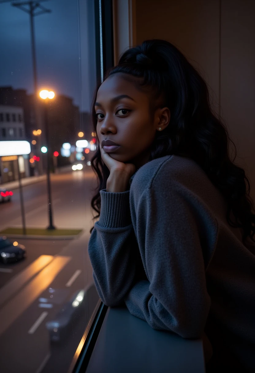 (Destini (masterpiece, best quality, ultra detailed, ultra high res)), ((night)), (distant), chiaroscuro, coffee, indoors, solo focus, pov, (through the window), (armrest), 1 black woman, facing away, black hair, long hair, distracted, sitting, fuzzy sweater shirt, beautiful, (looking away), streetspace, neon lights, particles, luminous dark brown eyes,