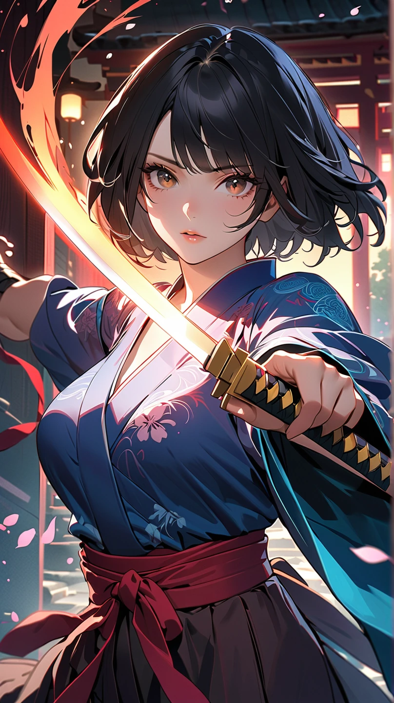 (4k, 8k, masterpiece:1.2), ultra high-res, (extremely detailed:1.3), dynamic pose, perfect anatomy, (intricate line work:1.3), sharp focus, (digital painting), (vivid colors:1.3), (masterful lighting:1.3), expressive, captivating eyes, Japanese warrior woman, traditional samurai-inspired attire, cerulean yukata with billowing sleeves, (dark, messy short hair), (black hair), intense gaze, dark brown eyes, (pale skin), large breast, athletic, hourglass physique, (loose-fitting hakama-style pants), dynamic movement, katana in hand with glowing energy, combat boots with red laces, (cinematic lighting), (dramatic atmosphere), shrine maiden with a tomboy edge, poised for battle, shrine setting with Japanese architecture in the background, cherry blossoms subtly falling in the wind, cinematic depth of field, glowing aura around the katana, (soft bokeh of traditional Japan), atmospheric, moody, stylized realism, (Marvel Cinematic Universe style), detailed armor accessories, (inspired by Atey Ghailan, Jeremy Mann, and Greg Rutkowski