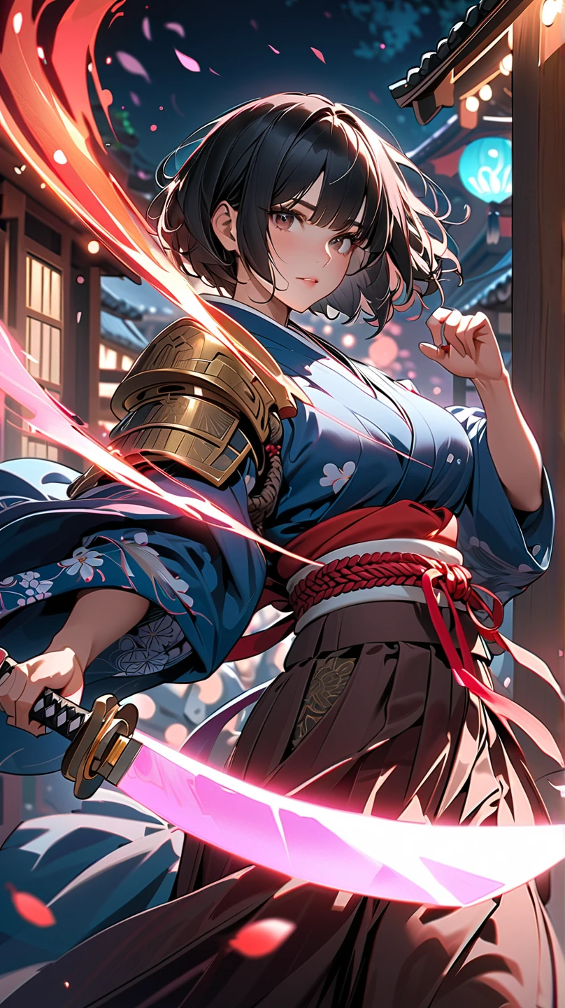 (4k, 8k, masterpiece:1.2), ultra high-res, (extremely detailed:1.3), dynamic pose, perfect anatomy, (intricate line work:1.3), sharp focus, (digital painting), (vivid colors:1.3), (masterful lighting:1.3), expressive, captivating eyes, Japanese warrior woman, traditional samurai-inspired attire, cerulean yukata with billowing sleeves, (dark, messy short hair), (black hair), intense gaze, dark brown eyes, (pale skin), large breast, athletic, hourglass physique, (loose-fitting hakama-style pants), dynamic movement, katana in hand with glowing energy, combat boots with red laces, (cinematic lighting), (dramatic atmosphere), shrine maiden with a tomboy edge, poised for battle, shrine setting with Japanese architecture in the background, cherry blossoms subtly falling in the wind, cinematic depth of field, glowing aura around the katana, (soft bokeh of traditional Japan), atmospheric, moody, stylized realism, (Marvel Cinematic Universe style), detailed armor accessories, (inspired by Atey Ghailan, Jeremy Mann, and Greg Rutkowski