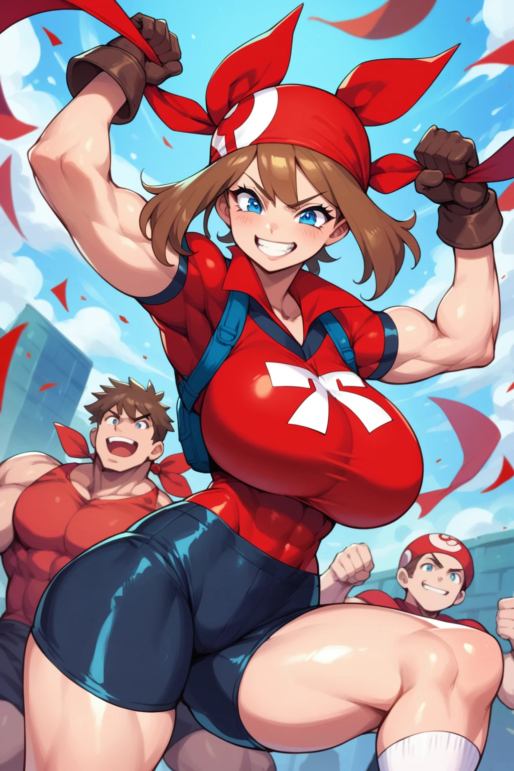 score_9, score_8_up, score_7_up, BREAK, anime style, MayPXL, blue eyes, brown hair, short hair, red bandana, red shirt, short sleeves, gloves, black shorts, torso, smug smile, gigantic bust, toned, strong, bimbo body, 