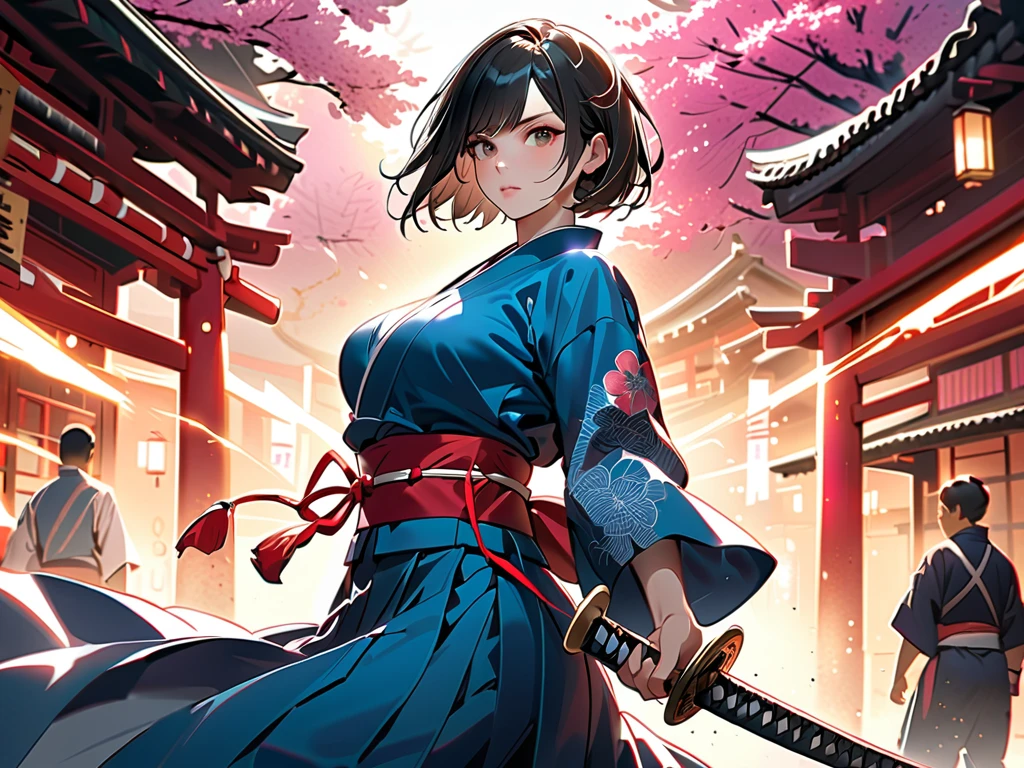 (4k, 8k, masterpiece:1.2), ultra high-res, (extremely detailed:1.3), dynamic pose, perfect anatomy, (intricate line work:1.3), sharp focus, (digital painting), (vivid colors:1.3), (masterful lighting:1.3), expressive, captivating eyes, Japanese warrior woman, traditional samurai-inspired attire, cerulean yukata with billowing sleeves, (dark, messy short hair), (black hair), intense gaze, dark brown eyes, (pale skin), large breast, athletic, hourglass physique, (loose-fitting hakama-style pants), dynamic movement, katana in hand with glowing energy, combat boots with red laces, (cinematic lighting), (dramatic atmosphere), shrine maiden with a tomboy edge, poised for battle, shrine setting with Japanese architecture in the background, cherry blossoms subtly falling in the wind, cinematic depth of field, glowing aura around the katana, (soft bokeh of traditional Japan), atmospheric, moody, stylized realism, (Marvel Cinematic Universe style), detailed armor accessories, (inspired by Atey Ghailan, Jeremy Mann, and Greg Rutkowski