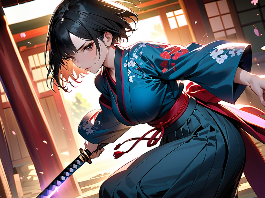 (4k, 8k, masterpiece:1.2), ultra high-res, (extremely detailed:1.3), dynamic pose, perfect anatomy, (intricate line work:1.3), sharp focus, (digital painting), (vivid colors:1.3), (masterful lighting:1.3), expressive, captivating eyes, Japanese warrior woman, traditional samurai-inspired attire, cerulean yukata with billowing sleeves, (dark, messy short hair), (black hair), intense gaze, dark brown eyes, (pale skin), large breast, athletic, hourglass physique, (loose-fitting hakama-style pants), dynamic movement, katana in hand with glowing energy, combat boots with red laces, (cinematic lighting), (dramatic atmosphere), shrine maiden with a tomboy edge, poised for battle, shrine setting with Japanese architecture in the background, cherry blossoms subtly falling in the wind, cinematic depth of field, glowing aura around the katana, (soft bokeh of traditional Japan), atmospheric, moody, stylized realism, (Marvel Cinematic Universe style), detailed armor accessories, (inspired by Atey Ghailan, Jeremy Mann, and Greg Rutkowski