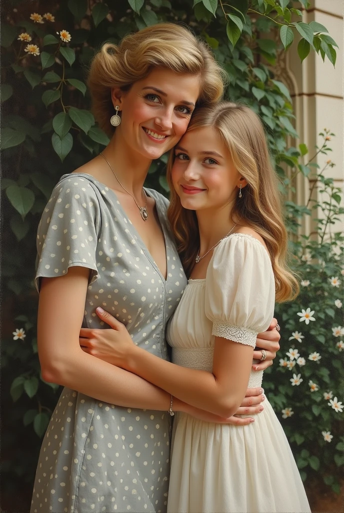 abuela y su nieta, Amanecer, madera, tulipanes de color azul. Grandmother has light cream skin color and his granddaughter has blondehair with pale white skin color in a blue dress looking at each other