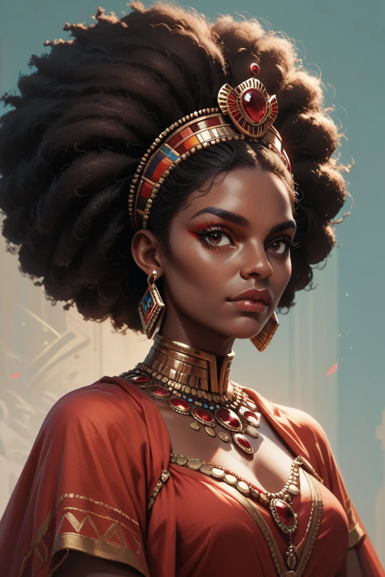 a beautiful african princess, 1girl, black skin, regal flowing dress, afrofuturistic, afro hairstyle, intricate jewelry, mysterious expression, dramatic lighting, vibrant colors, otherworldly background, powerful presence, (best quality,8k,highres,masterpiece:1.2),ultra-detailed,(realistic,photorealistic,photo-realistic:1.37),dramatic lighting,cinematic composition,cinematic lighting,highly detailed skin,intricate jewelry,flowing fabric
