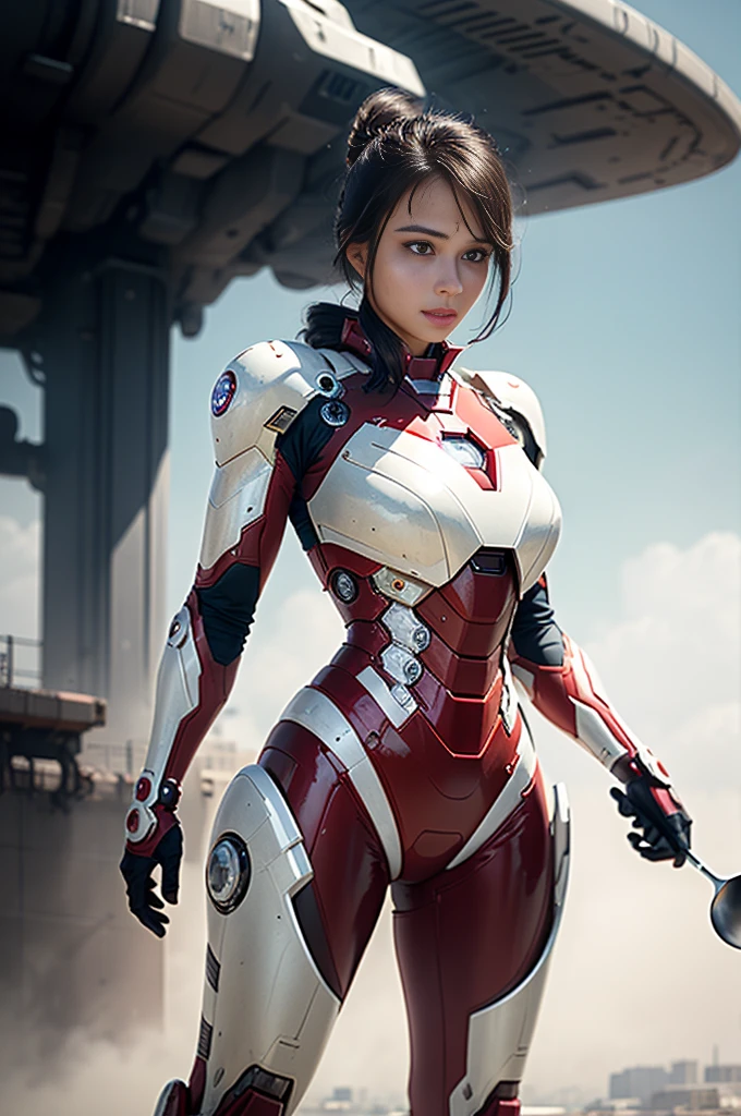 born, masterpiece, Ultra-fine photography,, 最 high quality,   super high resolution,  photorealistic, sunlight,  full body portrait ,  amazingly beautiful ,,  dynamic pose holding a ladle, delicate face, Bright eyes, ( side view) ,  she wears a futuristic Iron Man mecha,  detailed background ,   detailed face  , Detailed busy background, Messy, nice, Milky,  high definition skin,  REALISTIC SKIN DETAILS ,  I can see my pores ,  sharp concentration,  volume fog ,  8K HD Streaming, DSLR,  high quality,  film grain,  white skin,  photorealism ,  Lomography , A vast metropolis in a futuristic dystopia ,  view from below , translucent