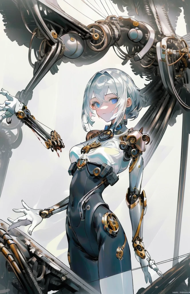 (masterpiece, Best Quality, Best Quality,  official art, Beautiful and aesthetic:1.2), ( 1 girl:1.3), Extremely detailed, colorful, Highest detail ((Super detailed)), ( high-definition CG illustration ), (( very delicate and beautiful)), Cinematic Light, ((1. Machine Girl)),Alone,  face focus  (Mechanical Joint:1.2), (( Mechanical Hands )), ( blood vessels connected to the tube ), (Wires and cables connected to the neck:1.2), ( characters), Gray Hair,  white skin,  watching viewers , Copper Button, bronze, ( black tights, ) perfect anatomy,  blue eyes, ((5 fingers,  Dynamic Poses ))  sitting