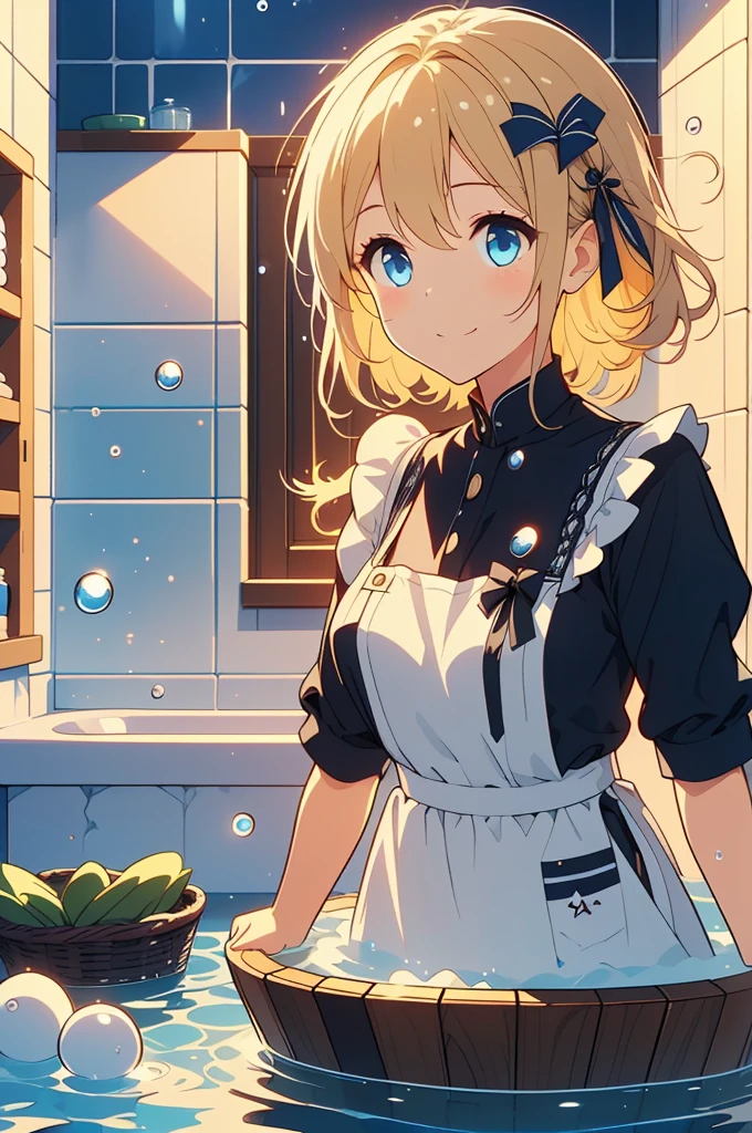 (4K,  super high quality, masterpiece:1.2),  super high resolution, One person,  girl, cute, Blonde, Blue Eyes, Small breasts,  maid clothes,  black dress,  White Apron ,  white and black apron dress ,  Katyusha,  Blue Ribbon , Bathroom, Bathtub, Taking a bath, My clothes are still ,  soaked in water up to my chest, Submersion, ( large amount of water droplets all over the body:1.2)Water drops on clothes too , soaked,  like a , Bright smile, Water drops dripping, 