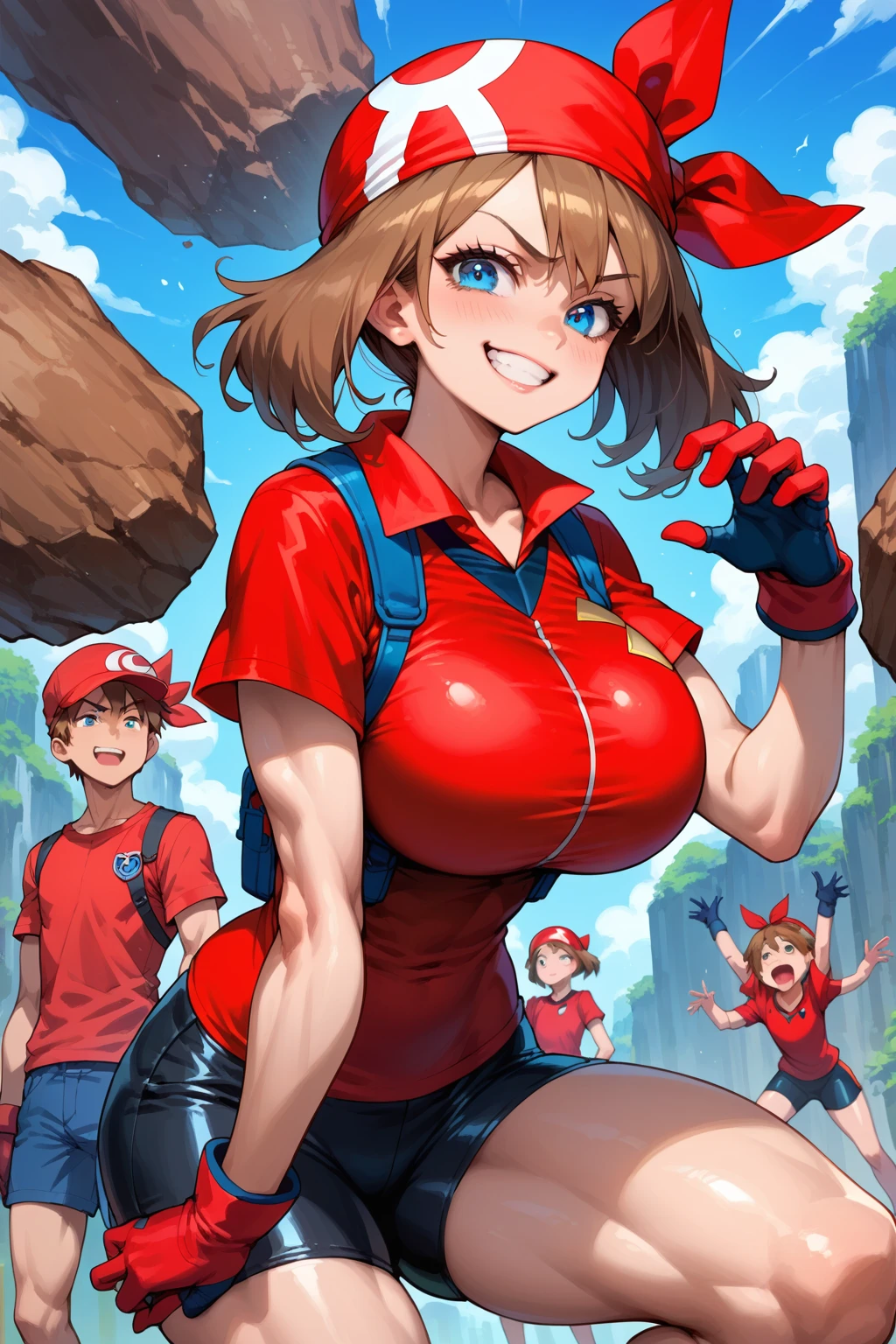 score_9, score_8_up, score_7_up, BREAK, anime style, MayPXL, blue eyes, brown hair, short hair, red bandana, red shirt, short sleeves, gloves, black shorts, torso, smug smile, gigantic bust, toned, strong, bimbo body, 