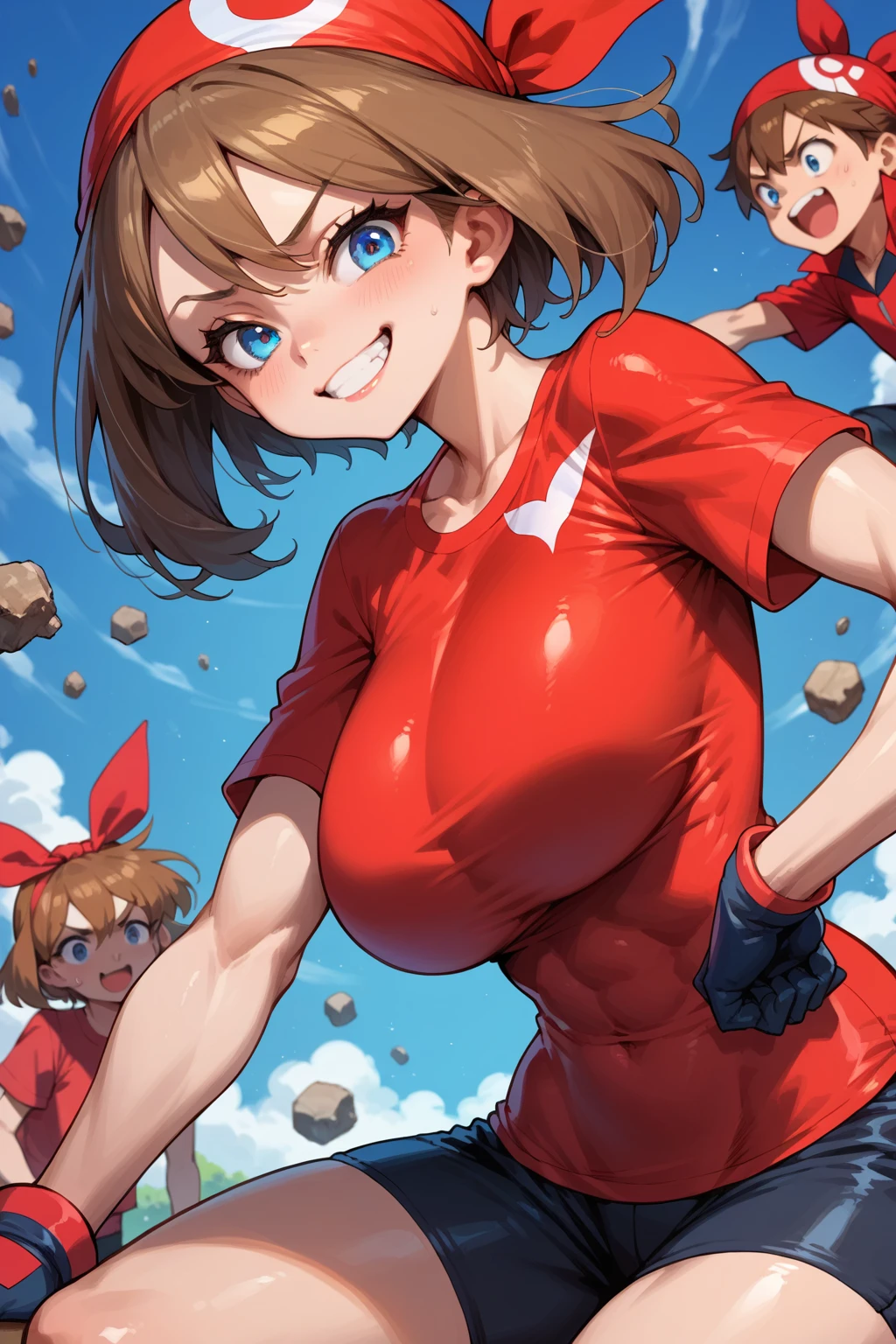 score_9, score_8_up, score_7_up, BREAK, anime style, MayPXL, blue eyes, brown hair, short hair, red bandana, red shirt, short sleeves, gloves, black shorts, torso, smug smile, gigantic bust, toned, strong, bimbo body, 