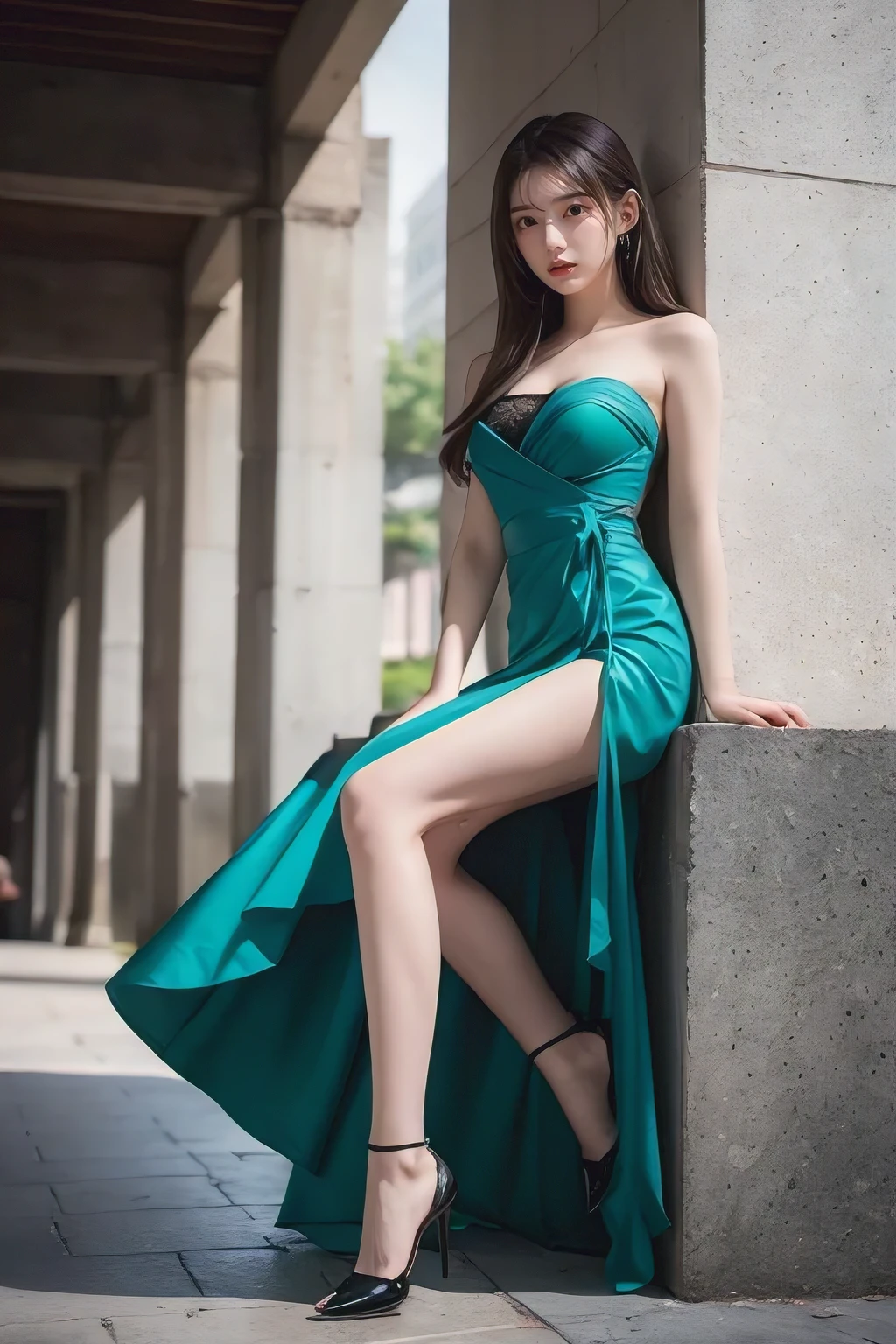 Masterpiece, 8K, masterpiece, ultra detail, 8k, 1 girl, shiny droopy eyes, droopy eyes, large iris:1.5, big iris:1.5, ((big smile)), ((full body, from below angle)), An ultra-modern portrait of a young woman with sleek, straight hair dyed in a gradient from blonde to teal, casting a penetrating gaze. Her striking appearance is enhanced by the abstract, fragmented geometric shapes overlaying her figure, creating a dynamic juxtaposition of vivid red and turquoise. These jagged, collage-like elements suggest a digital or cybernetic disruption, framing her face and cascading over her shoulders. She wears a dark bodice with intricate lace details, adding a touch of classical contrast to the otherwise futuristic, edgy composition