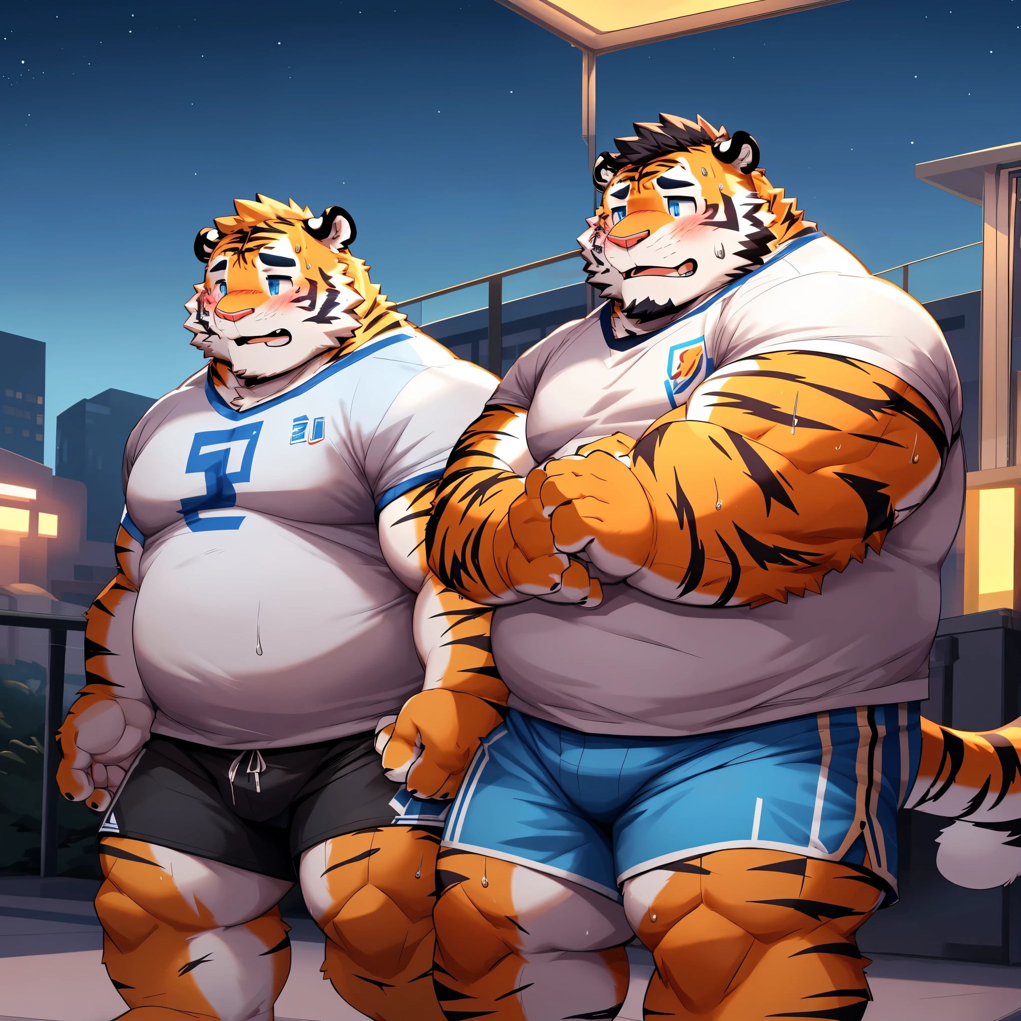 solo, tigers, two identical heads on one body, tiger ears, tail, masculine, necks, correct eyes, adult, male, 50 years old, (stylized 3d, by disney, by rembrandt), by pixar:1.1, by dramamine, (fat, beefy, dadbod, chubby, big belly, sweaty, orange fur, black stripes, football field background, (shirtless, nude, flaccid penis, hairy testicles, big nipples), correct hands, correct anatomy, (ultradetailed, best quality, detailed masterpiece, highly detailed masterpiece, 4k, professional cartoon:1.7), (natural pose, running:1.3, shouting, laughing, angry)