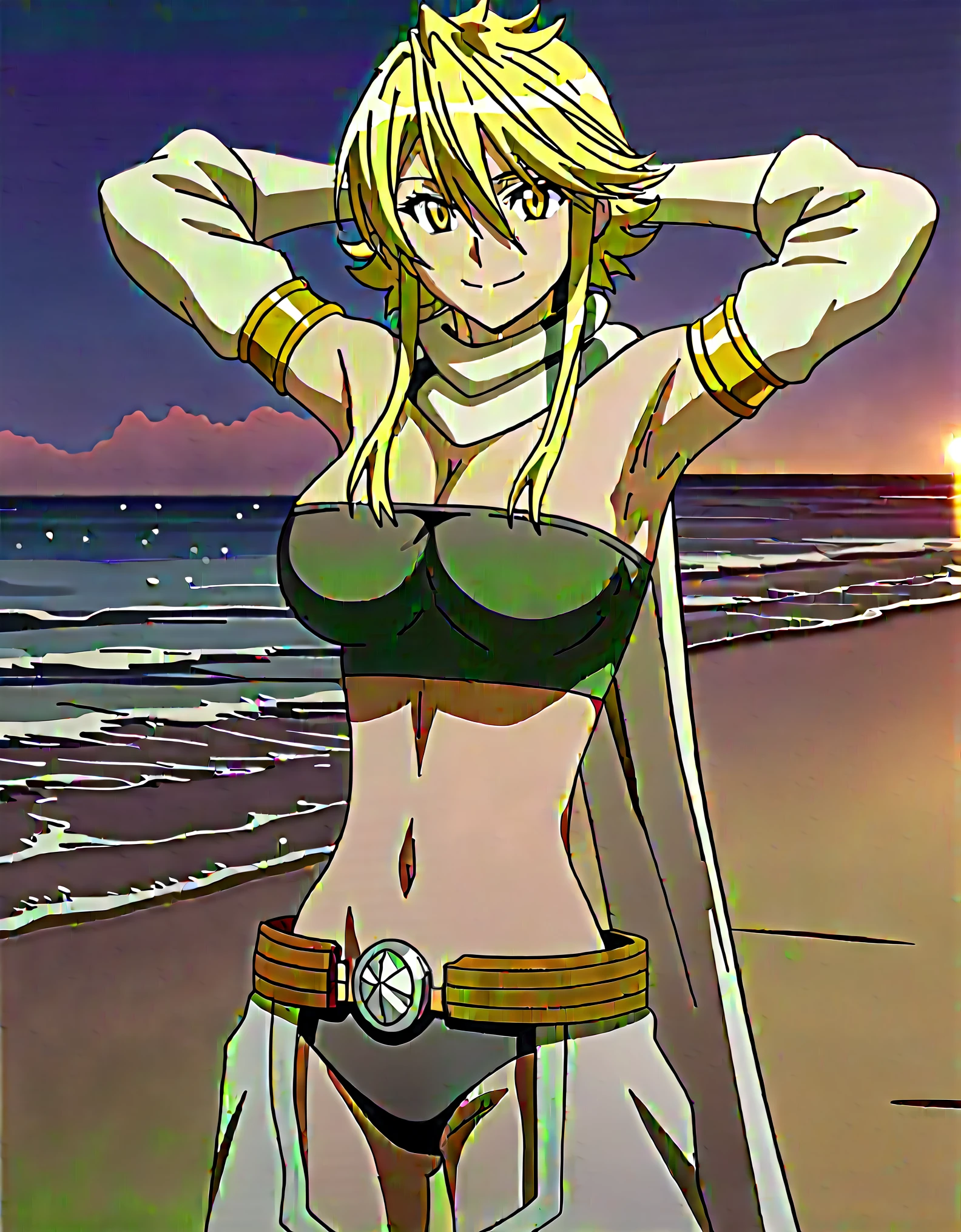 leone, anime screencap, large breasts, cleavage, smile, yellow eyes, scarf, sidelocks, bare shoulders, hair between eyes, midriff, navel, shiny skin, high quality, closed mouth, looking at viewer, showing armpit, looking at viewer, solo, {contrapposto}, arms behind head, smile, looking at viewer, cowboy shot, closed mouth, night sky, beach, best quality,