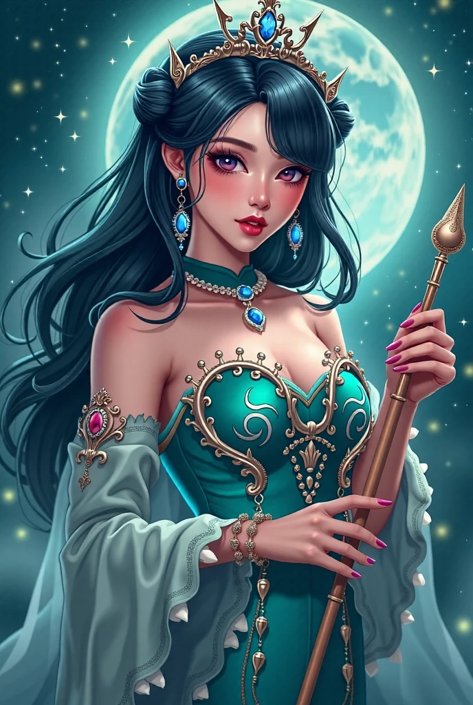 Mistress of secrets, aqua punk, La reine des vampires, Milady Chu, blush, intricate, highly detailed, starry night, digital painting, trending on artstation, concept art, sharp focus, illustration, art by artgerm and greg rutkowski and alphonse mucha and ruan jia