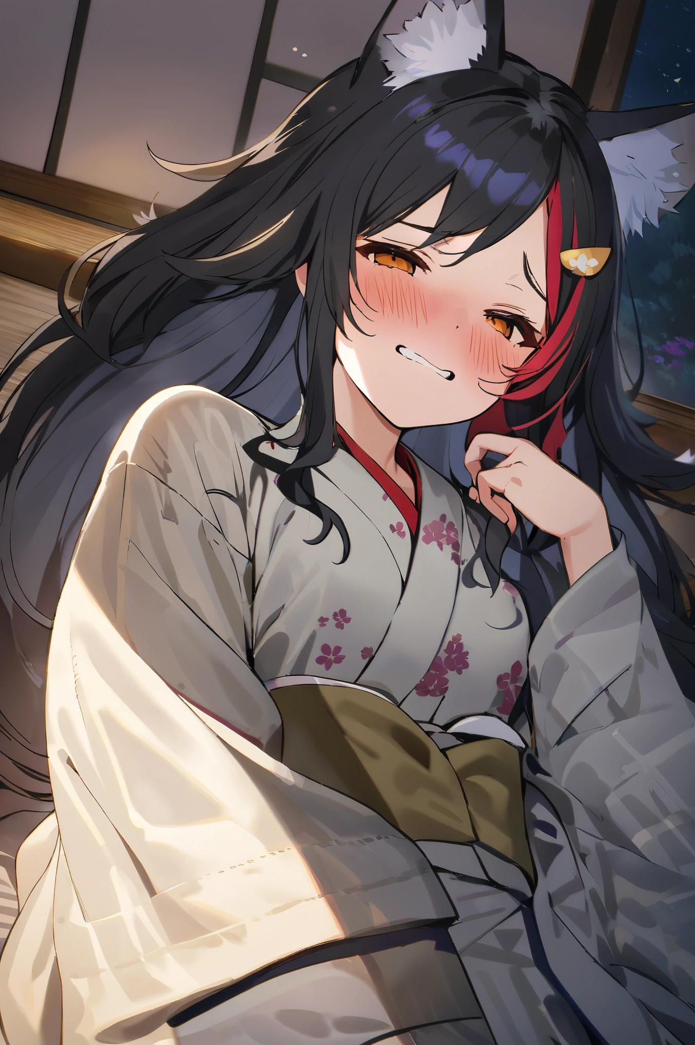 NSFW,masterpiece,Best Quality, high resolution on down, very detailed,Ogami Mio \( ho****ve \), very long hair,Black Hair,Wolf Ears,Hair accessories、kimono,yukata, off the shoulder,Inn at night,Japanese-style room, moonlight,futon,Embarrassed,blush,Sleepy face, has sex appeal,sweat, Hollow Eyes, open clothes, lying down