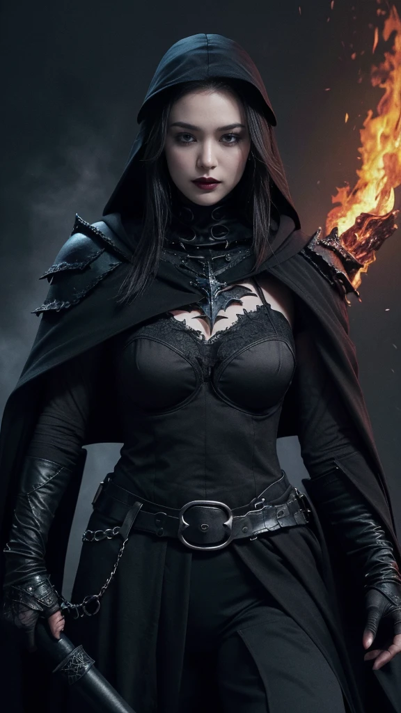  High image quality,   Anatomically Accurate ,  Ultra High Definition,   textured skin around the chest , woman、(( black belly shorthair parted to the center)), Dark Knight、((( wearing black armor with a black cloak ))), ((( gothic makeup ))), (The background is hell with flames rising ), (( I'm looking at this)), 