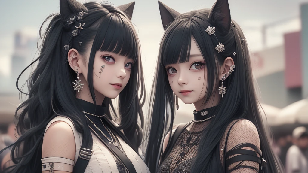 black hair, hair bobbles, wince, longeyelashes, solid circle eyes, fake animal ears, light smile, ear blush, fang, Surrealism, drop shadow, anaglyph, stereogram, tachi-e, pov, atmospheric perspective, 8k, super detail, ccurate, best quality