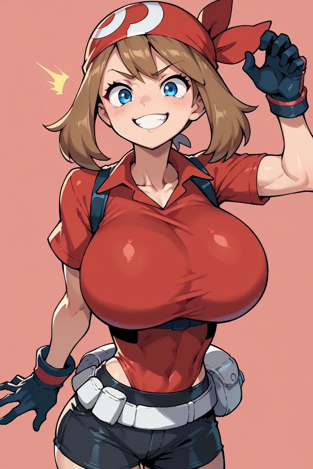 score_9, score_8_up, score_7_up, BREAK, anime style, MayPXL, blue eyes, brown hair, short hair, red bandana, red shirt, short sleeves, gloves, black shorts, torso, smug smile, gigantic bust, toned, strong, bimbo body, 