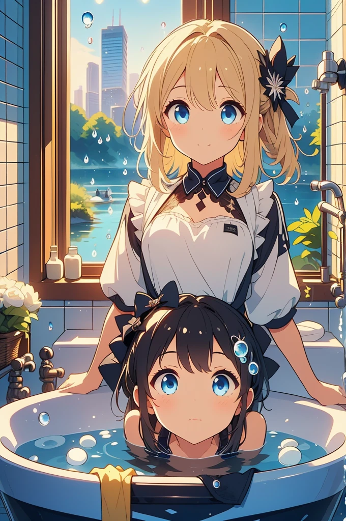 (4K,  super high quality, masterpiece:1.2),  super high resolution, One person,  girl, cute, Blonde, Blue Eyes, Small breasts,  maid clothes,  black dress,  White Apron ,  white and black apron dress ,  Katyusha,  Blue Ribbon , Bathroom, Large bathtub, Taking a bath, My clothes are still ,  soaked in water up to my chest, Submersion, ( large amount of water droplets all over the body:1.2)Water drops on clothes too , soaked,  like a , Bright smile, Water drops dripping, 