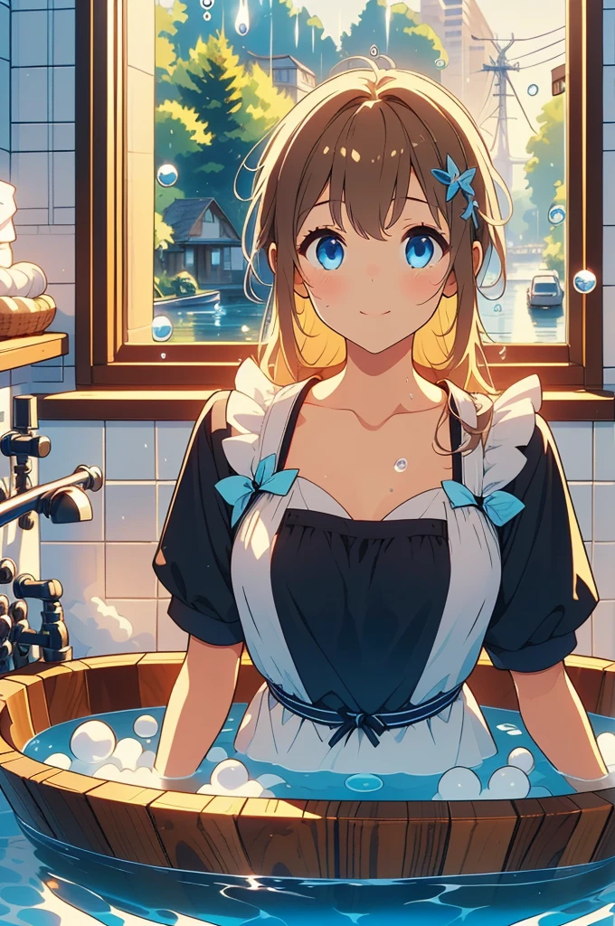 (4K,  super high quality, masterpiece:1.2),  super high resolution, One person,  girl, cute, Blonde, Blue Eyes, Small breasts,  maid clothes,  black dress,  White Apron ,  white and black apron dress ,  Katyusha,  Blue Ribbon , Bathroom, Large bathtub, Taking a bath, My clothes are still ,  soaked in water up to my chest, Submersion, ( large amount of water droplets all over the body:1.2)Water drops on clothes too , soaked,  like a , Bright smile, Water drops dripping, 