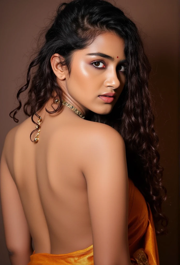 a beautiful naked curvy girl, in a saree, bare back, topless, detailed portrait, highly detailed face, detailed eyes, realistic, photorealistic, 8k, cinematic lighting, bright color tones, glowing skin, intricate fabric details, elegant pose, dramatic shadows, golden jewelry, mystical atmosphere, busty naked 