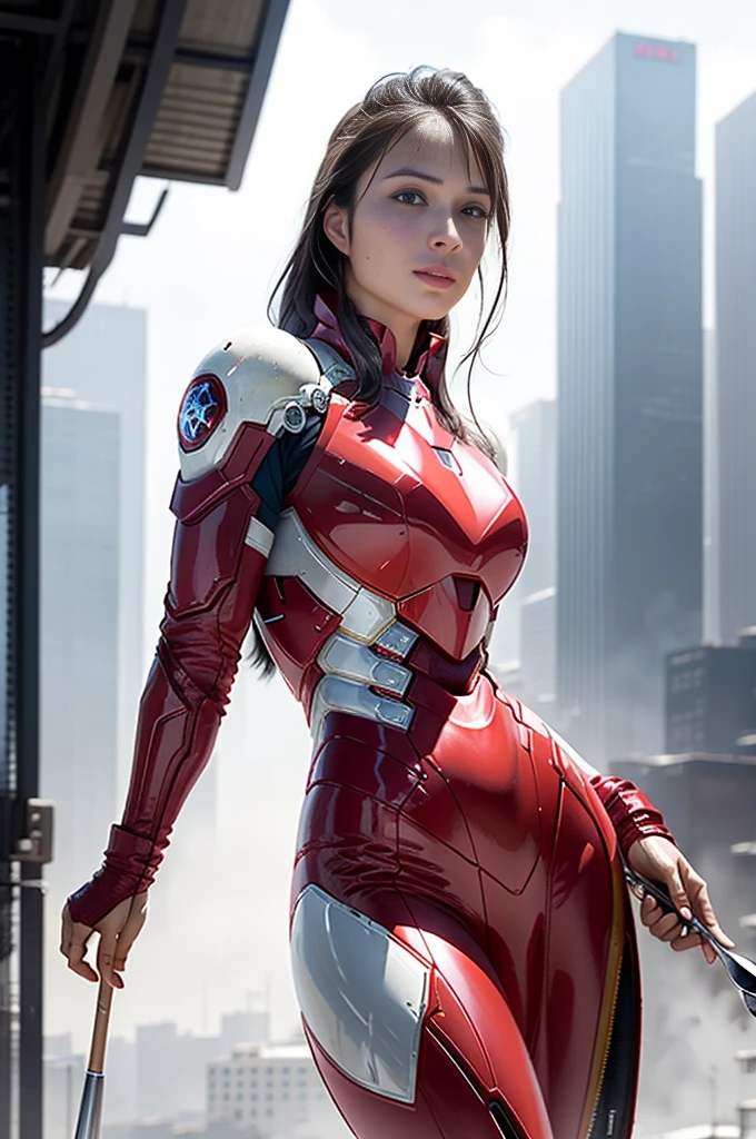 born, masterpiece, Ultra-fine photography,, 最 high quality,   super high resolution,  photorealistic, sunlight,  full body portrait ,  amazingly beautiful ,,  dynamic pose holding a ladle, delicate face, Bright eyes, ( side view) , She's wearing a futuristic Iron Man mech suit,  detailed background ,   detailed face  , Detailed busy background, Messy, nice, Milky,  high definition skin,  REALISTIC SKIN DETAILS ,  I can see my pores ,  sharp concentration,  volume fog ,  8K HD Streaming, DSLR,  high quality,  film grain,  white skin,  photorealism ,  Lomography , A vast metropolis in a futuristic dystopia ,  view from below , translucent