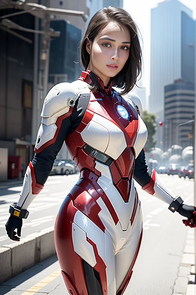 born, masterpiece, Ultra-fine photography,, 最 high quality,   super high resolution,  photorealistic, sunlight,  full body portrait ,  amazingly beautiful ,,  dynamic pose holding a ladle, delicate face, Bright eyes, ( side view) , She's wearing a futuristic Iron Man mech suit,  detailed background ,   detail face  , Detailed busy background, Messy, nice, Milky,  high definition skin,  REALISTIC SKIN DETAILS ,  I can see my pores ,  sharp concentration,  volume fog ,  8K HD Streaming, DSLR,  high quality,  film grain,  white skin,  photorealism ,  Lomography , A vast metropolis in a futuristic dystopia ,  view from below , translucent