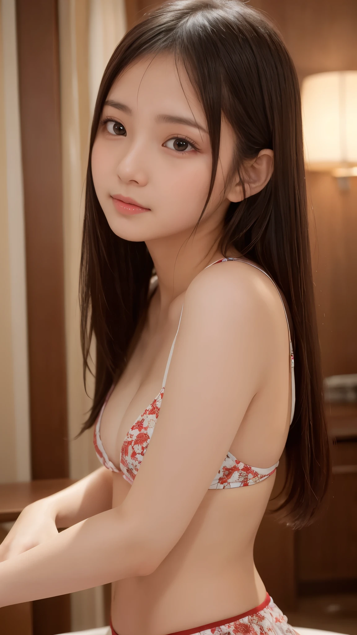 ( 1 girl)、(日本の Beautiful Girl), 18 years old, Round face, Refresh, Clear, kind,  slender body lines ,  Stylish , Pathetic, Cute like an angel, Cute small face,  black eyes, ( almond-shaped eyes ), ( slender body lines ), (Small beautiful breasts:1.2), (Very cute), ( beautiful dark hair), (( Cute Two Side Up Hairstyle )), (Captivating eyes), ( eye highlights:1.2), (8k, Live Shooting, Best Quality, masterpiece:1.2, Optimal lighting), ((masterpiece)), ( Photo taken by a professional photographer),( (Genuine, photo Genuine:1.4), break, (((Wearing plain clothes to seduce the opposite sex))), ( Beautiful Girl), ( clevis:1.2)}, ((Serious expression)), (Red cheeks:1.3),  face close-up,  Dynamic Angle, (((可愛いポーズをしている Beautiful Girl))), ( detailed hands:1.3, Perfectly right move:1.2), (完璧な8等身の Beautiful Girl:1.2), Small beautiful butt,  thin thighs,  Tight Waist , (Detailed arms:1.2)