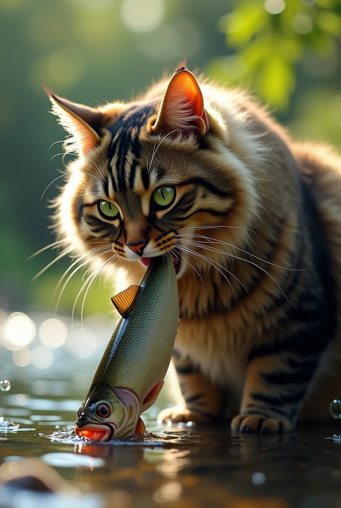 (photorealism:1.2), a lone cat fishing in its mouth