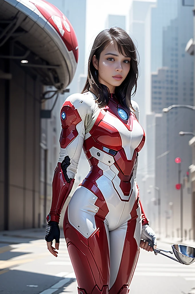 born, masterpiece, Ultra-fine photography,, 最 high quality,   super high resolution,  photorealistic, sunlight,  full body portrait ,  amazingly beautiful ,,  dynamic pose holding a ladle, delicate face, Bright eyes, ( side view) , She's wearing a futuristic Iron Man mech suit,  detailed background ,   detail face  , Detailed busy background, Messy, nice, Milky,  high definition skin,  REALISTIC SKIN DETAILS ,  I can see my pores ,  sharp concentration,  volume fog ,  8K HD Streaming, DSLR,  high quality,  film grain,  white skin,  photorealism ,  Lomography , A vast metropolis in a futuristic dystopia ,  view from below , translucent