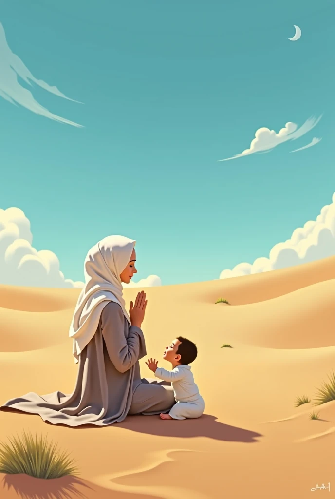 Middle of desert a Muslim woman pray and its New Born next to him ...