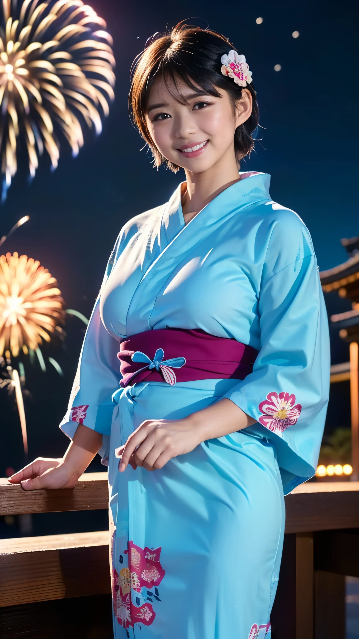  festive dress, enjoying an Italian festival. Vibrant surroundings, fireworks in the background, Best Quality, masterpiece, ultra high resolution, in a japanese temple, (photorealistic:1.4), smiling, A beautiful European woman,), (Yukata), hijab, giant breasts, big chest, lower chest, off shoulder kimono, sexy dress, beautiful kimono, hands up