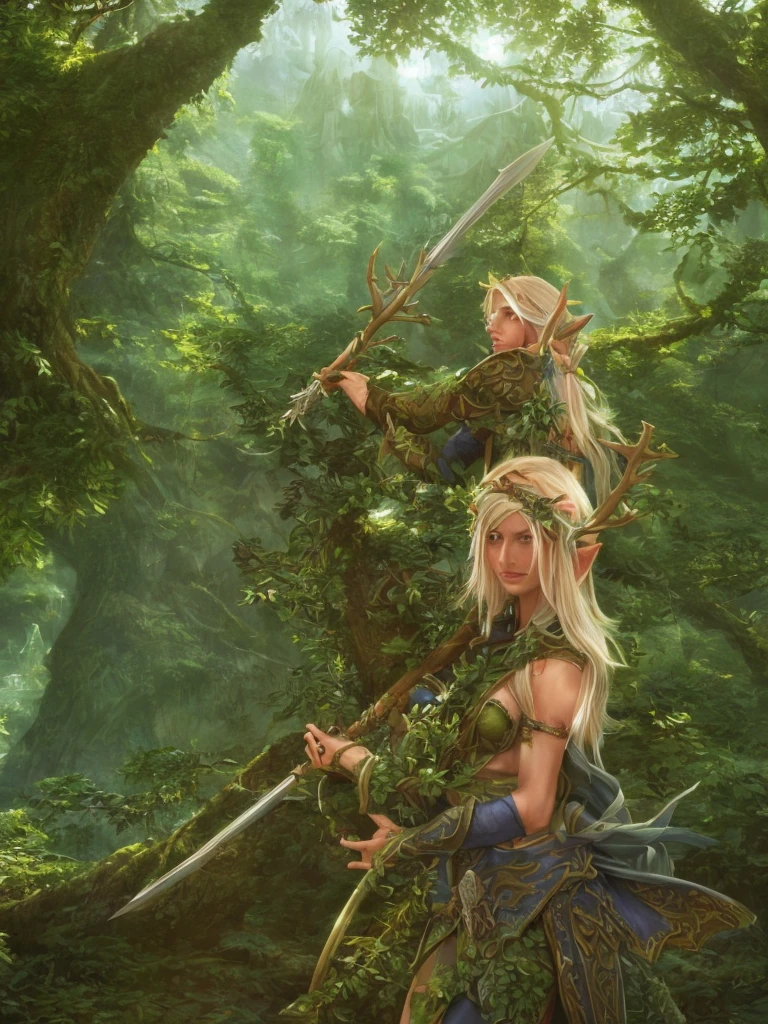 highly detailed, masterpiece, druid elf with antlers and no shirt,  light blonde hair, green robes, wood staff ((character)), in front of backdrop of the forest, dndcoverart